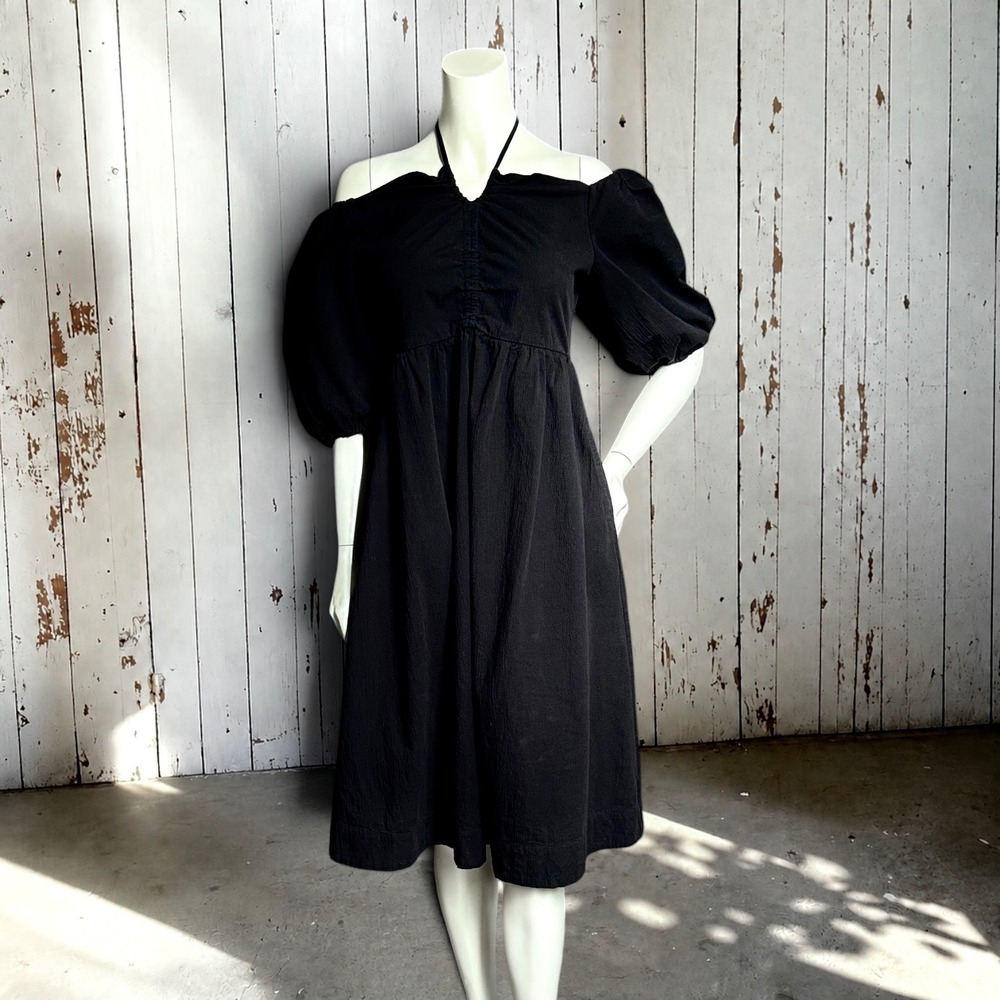Free Assembly Maxi Dress S Black Cotton Puff Sleeve Halter‎ Tie Boho Fairy Goth